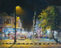Hanif Shahzad, Tariq Road Commercial Market - Karachi, 21 x 28 Inch, Oil on Canvas, Cityscape Painting, AC-HNS-065